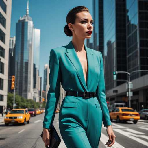 A woman dressed in a blue suit and red lipstick is walking down a city street with her handbag over her shoulder. The buildings lining the street have reflective windows that mirror the clear blue sky above.
