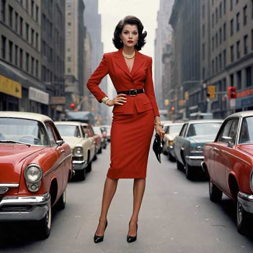 A woman dressed in a red dress and black heels stands confidently on the sidewalk between two parked cars, with a cityscape of buildings stretching out behind her.