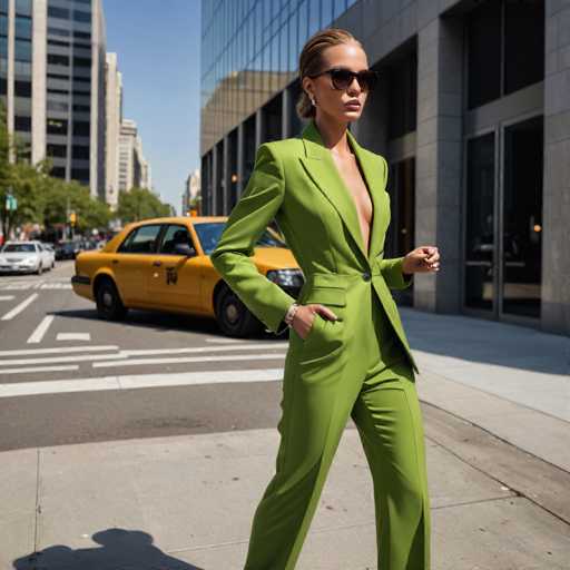 A woman dressed in a vibrant green suit and sunglasses walks confidently down the street, her hand casually tucked into her pocket as she gazes towards the right side of the image. Behind her is a yellow taxi cab parked on the sidewalk, adding to the urban setting.