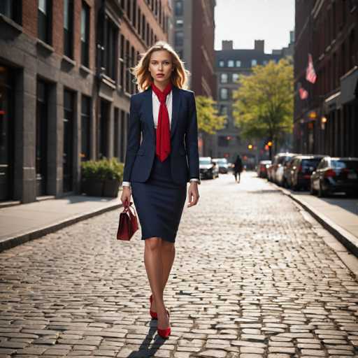 A woman is walking down a cobblestone street in an urban setting. She is dressed in a navy blue suit with a red tie and carrying a red purse. The buildings lining the street have brick facades, and cars are parked along the side of the road.
