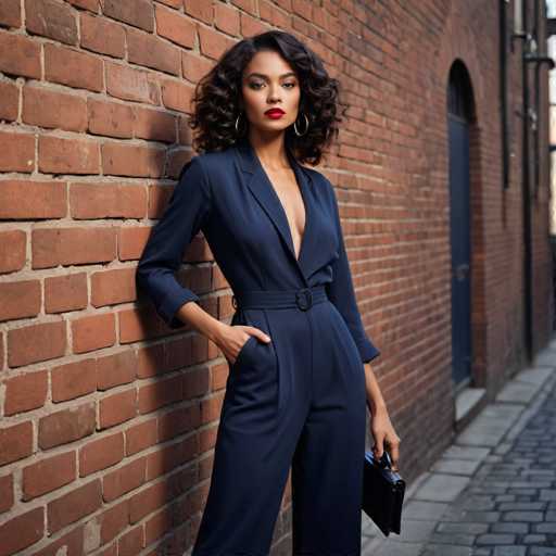 A woman is standing against a brick wall on an urban street. She is wearing a navy blue jumpsuit with a plunging neckline and high heels. The woman has her hands in her pockets and is holding a black purse.