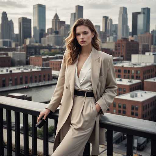 A woman with blonde hair is standing on a balcony overlooking a cityscape. She is dressed in a beige coat and pants, holding a black purse in her left hand. The city skyline behind her features tall buildings of various architectural styles, including a modern glass skyscraper that reflects the surrounding environment.
