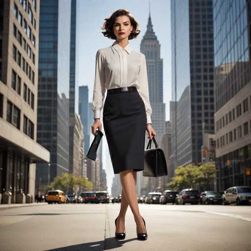 A woman is standing on a city street, dressed in a black pencil skirt and white blouse with her hair styled in loose waves. She holds two handbags - one black and the other brown. The backdrop features tall buildings, including the Empire State Building, suggesting an urban setting.