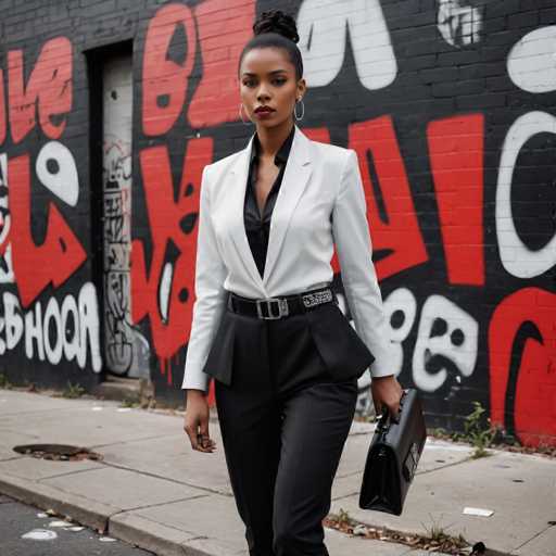 A woman is walking down a sidewalk with her handbag over her shoulder and wearing a black blazer jacket, black pants, and black heels. The background features a red brick wall adorned with graffiti in white letters that reads "love".