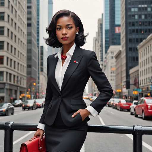 A woman stands confidently on a city street, dressed in a black suit and red hairpiece with a white shirt underneath. She holds a red purse in her left hand while wearing a pair of earrings. The backdrop is a busy urban scene filled with cars and buildings, suggesting the location could be New York City or another bustling metropolis.