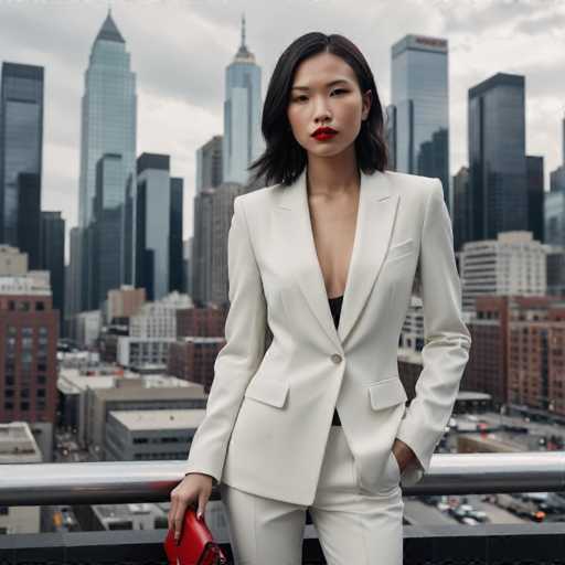 A woman stands confidently on a rooftop overlooking a cityscape. She is dressed in a white blazer and pants, with red lipstick adding a pop of color to her look. In her left hand, she holds a red purse, while her right hand rests casually on the railing. The backdrop features tall buildings stretching towards the sky, their windows reflecting the light from the cloudy day above.
