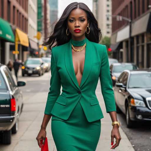 A woman is walking down a city street wearing a green suit and red heels with her hair styled in loose waves. She carries a red purse on her shoulder as she walks past parked cars lining the street.