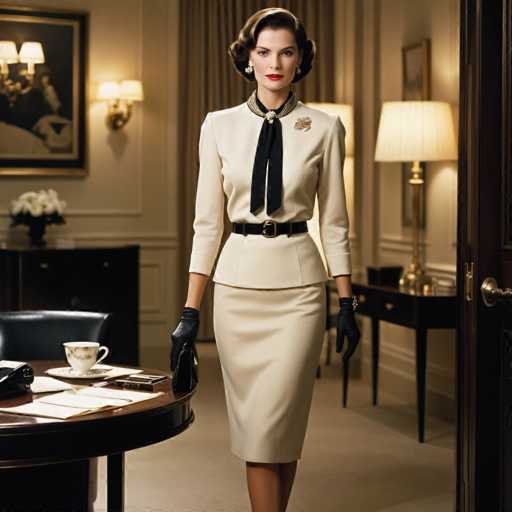A woman is standing in front of a table with a cup and saucer on it. She is wearing a white dress suit with a black tie and gloves. The room has beige walls and a chandelier hanging from the ceiling.