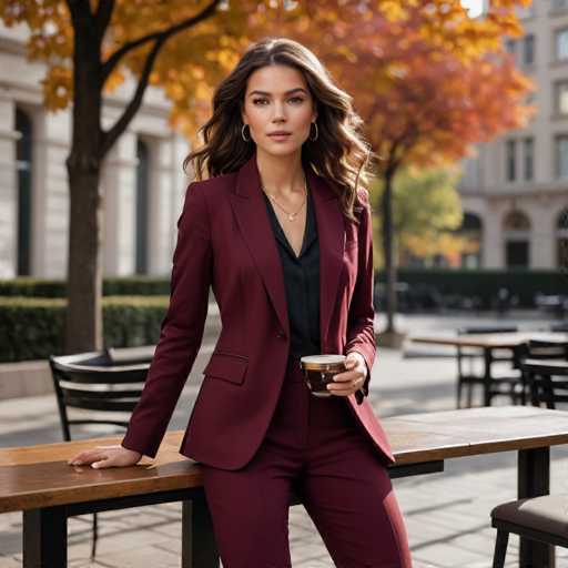 A woman is standing on a sidewalk next to a wooden table with chairs and holding a coffee cup. She is wearing a maroon blazer over a black shirt and pants. The background features trees and buildings in the distance.