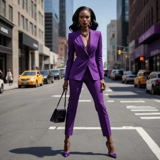 A woman is standing on a city street wearing a purple suit and high heels. She has her handbag over her shoulder and is looking directly at the camera with an air of confidence. The background includes buildings and cars lining the street, suggesting an urban setting.