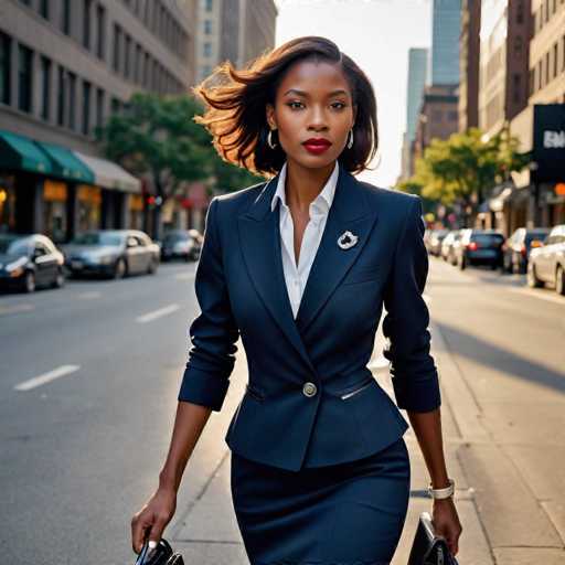 A woman dressed in a navy blue suit and white blouse is walking down the street with her hands in her pockets, carrying a black purse over her shoulder. The buildings lining the street suggest an urban setting, and cars are parked along the side of the road.