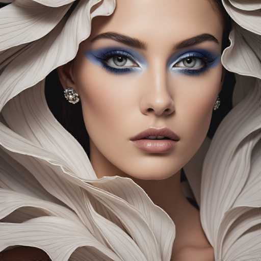 The image shows a close-up portrait of a woman with striking blue eyes and makeup that includes dark eye shadow and lipstick. The background is white, which contrasts with the woman's dark hair and features a patterned design on her face.