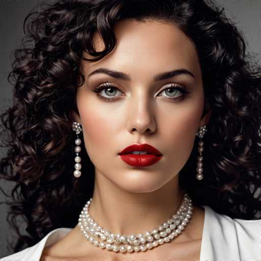 A woman with curly hair wearing a white dress and pearl earrings is the main subject of this image. The background is a simple gray color that puts the focus on her face and upper body.