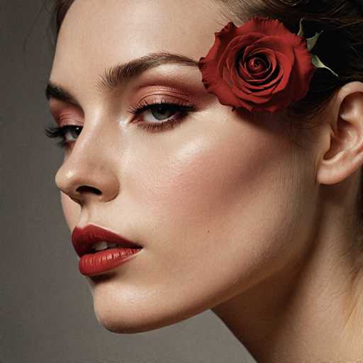 A woman with long brown hair is the main subject of this image. She has a red rose pinned to her hair and is wearing red lipstick on her lips. The background is a plain gray color that puts the focus entirely on the woman's appearance.