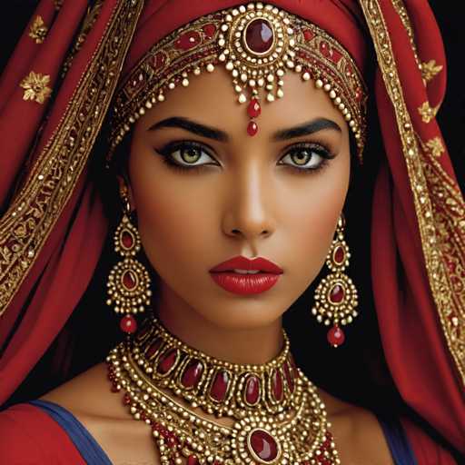 The image shows a woman wearing traditional Indian jewelry and clothing. She is positioned against a black background with her face prominently displayed. The woman's attire consists of a red headpiece adorned with gold accents, a gold necklace, and earrings featuring red stones. Her makeup includes dark eye shadow and lipstick in shades of red.