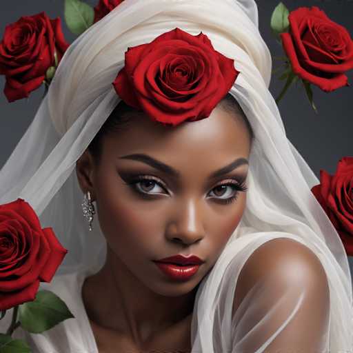 The image shows a woman with long dark hair wearing a white headscarf and red lipstick. She is positioned against the backdrop of a gray wall adorned with roses. The roses vary in size and color, creating a visually appealing composition that highlights the woman's features.