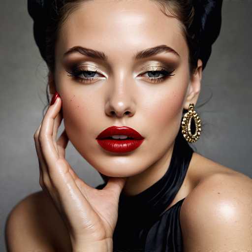 A woman with striking red lipstick and gold earrings is captured in a close-up portrait against a gray background. Her hand is gently placed on her cheek, adding an air of elegance to the image. The simplicity of the background allows the viewer's attention to remain solely on the woman and her features.