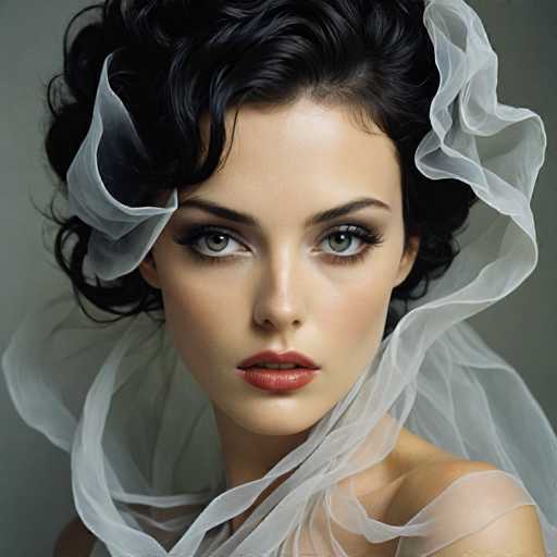 The image shows a close-up portrait of a woman with dark hair styled in an elegant updo and wearing a white veil that is slightly wrinkled around her face. The background is blurred, drawing focus to the subject's features.