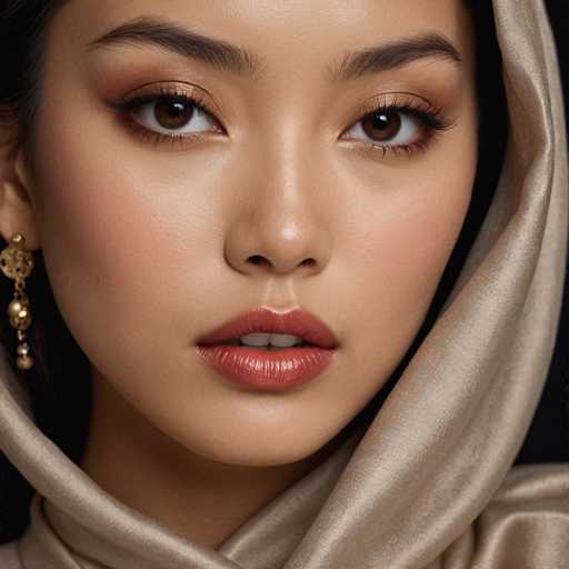 The image shows a close-up portrait of a woman with brown hair and dark eyes wearing a beige scarf around her neck. The woman's lips are painted red, and she is looking directly at the camera with an expression of concentration or thoughtfulness.