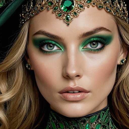 The image shows a close-up portrait of a woman with blonde hair and green eyes wearing a gold crown on her head. The crown is adorned with large, sparkling jewels that catch the light beautifully. The background is dark, which contrasts with the bright colors of the woman's hair and makeup, making her stand out even more.