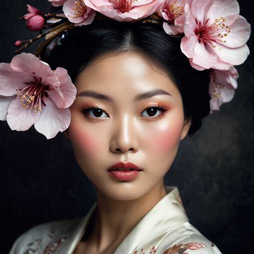 A young woman with dark hair is the central figure in this image. She is wearing a white kimono adorned with pink flowers and has her face painted with pink blush. The background of the image is black, which contrasts with the white kimono and pink flowers on the woman's head.