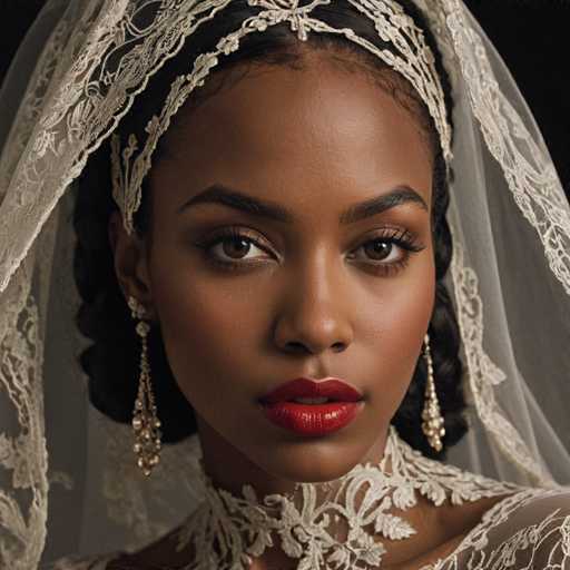 The image shows a woman with dark hair wearing a white lace veil and red lipstick. She is looking directly at the camera with an intense gaze. The background is black, which contrasts with her attire and accentuates her features.