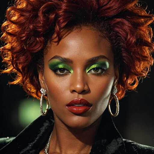 The image shows a close-up portrait of a woman with vibrant red hair styled in loose curls and wearing a black jacket over it. She is wearing green eye shadow that adds a pop of color to her look. The background is dark, which contrasts with the bright colors on the woman's face and highlights her features.
