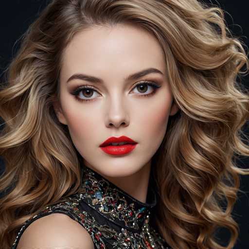 The image shows a close-up portrait of a young woman with blonde hair styled in loose curls and wearing a black dress adorned with colorful patterns. The woman's face is the main focus, with her lips painted a striking red color that contrasts beautifully against her skin tone.