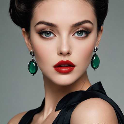 A woman with striking green eyes and a bold red lipstick is captured in a close-up portrait against a gray background. She wears a black dress that contrasts with her vibrant makeup and earrings. The image does not contain any text or other discernible objects.