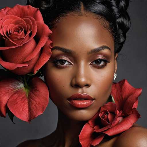 A woman with dark hair is the main subject of this image. She has a serious expression on her face and is wearing red lipstick. The background is black, which contrasts with the vibrant red roses that she's holding in front of her.