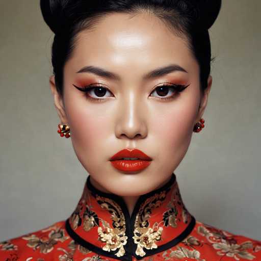 The image shows a close-up portrait of a woman with striking red lipstick and gold accents on her collar and neckline. She is wearing an ornate red dress that features a gold collar and cuffs. The background is a plain white wall, which contrasts with the vibrant colors of the woman's attire.