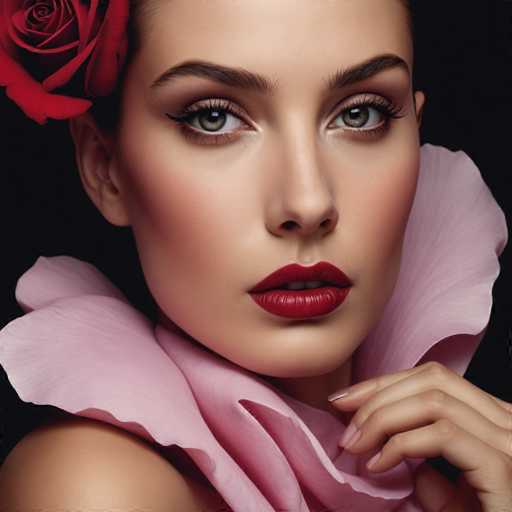 A woman with striking red lipstick and a pink flower in her hair is the central focus of this image. She has long, dark green eyes that add an air of mystery to her appearance. The background is black, which contrasts sharply with her vibrant makeup and pink outfit, making her stand out even more.