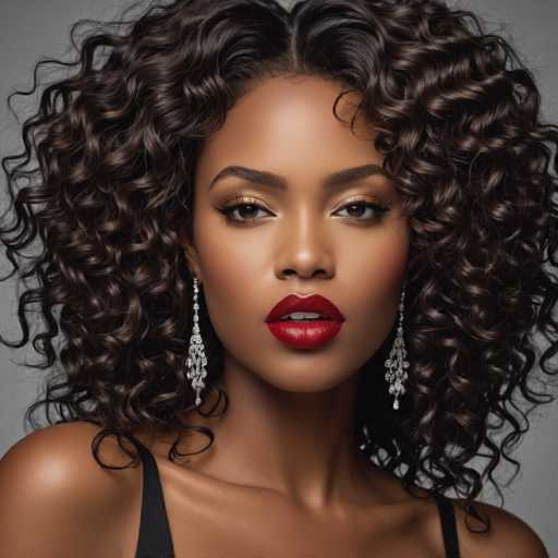 The image shows a close-up portrait of a woman with long curly hair and dark skin tones. She is wearing a black dress that contrasts with her dark hair. The woman has red lipstick on her lips and is wearing earrings in the shape of flowers.