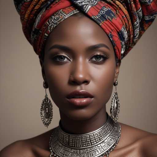 The image shows a close-up portrait of a woman with dark hair and eyes. She is wearing a colorful head wrap adorned with intricate patterns and designs, which adds an element of cultural richness to the scene. The woman's face is the focal point of the image, and she has her lips pursed in a contemplative or thoughtful expression. The background is blurred, drawing attention to the subject and emphasizing the details of her attire and facial features.