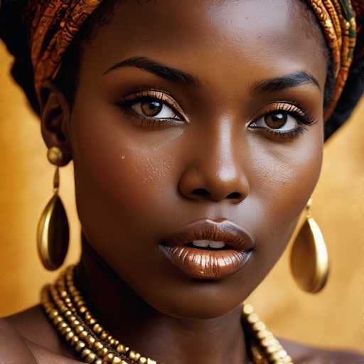 A woman with dark skin wearing a gold headband and necklace is the main subject of this image. She has her mouth slightly open as she gazes directly into the camera. The background features a yellow wall that contrasts with the woman's dark skin tone, making her stand out even more.