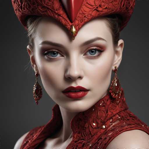 A woman is captured wearing a red headpiece and earrings against a black background. She has striking blue eyes and painted lips that contrast with her red attire. The image does not contain any discernible text or other objects.