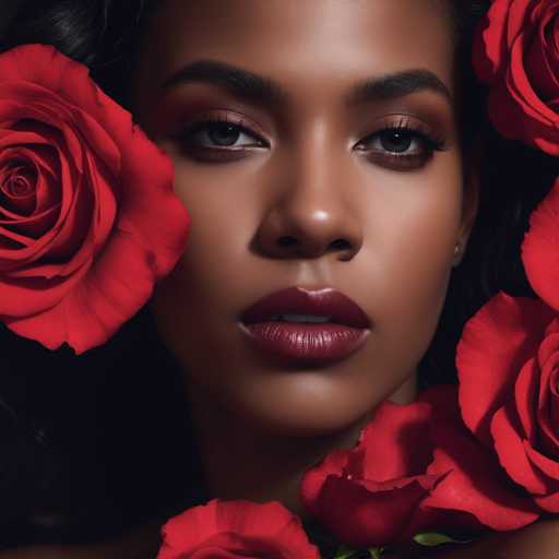 The image shows a close-up portrait of a woman with dark hair and makeup on her eyes. She is wearing red lipstick and has dark eye makeup. The background features a bouquet of red roses in various stages of bloom, creating an elegant and romantic atmosphere around the subject.