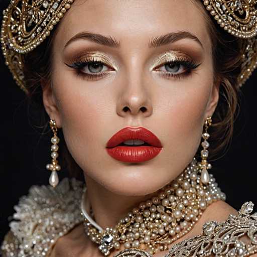 The image shows a close-up portrait of a woman wearing a gold and white dress with a large headpiece adorned with pearls. The woman's face is the main focus, with her lips painted in a striking red color that contrasts beautifully against her skin tone. She has long brown hair styled in an elegant updo, adding to the overall regal appearance.
