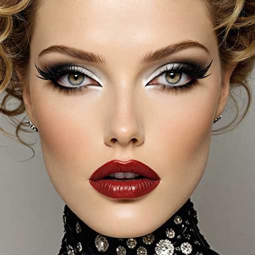 The image shows a close-up portrait of a woman with striking red lipstick and dark eye makeup. The woman's face is the main focus, with her lips and eyes accentuated by bold colors that contrast against her fair skin tone. She appears to be wearing a black top adorned with white polka dots, adding an element of whimsy to her overall look.