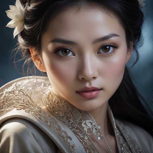 The image shows a close-up portrait of a young woman with dark hair and brown eyes. She is wearing a white dress with lace detailing that falls over her shoulders, and she has a flower in her hair. The background is black, which contrasts with the white elements on the woman's dress and highlights her features.