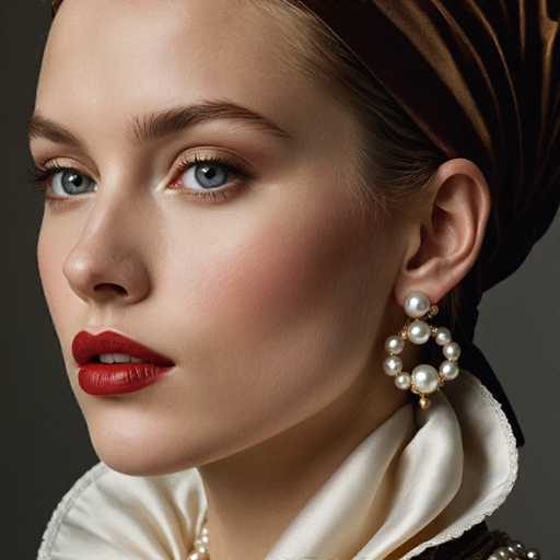 A woman with striking blue eyes and a radiant smile is the central figure in this image. She's wearing a white dress that contrasts beautifully against her dark hair, which she has styled into an elegant updo. The woman is also wearing a brown headband adorned with a pearl design on one side.