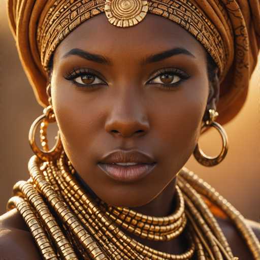 The image shows a close-up portrait of a woman with dark skin and large gold earrings. The woman is wearing a brown headband that matches the color of her hair. She has long, dark hair that cascades down to her shoulders. The background appears to be a blurred outdoor setting, suggesting an outdoor location or event.