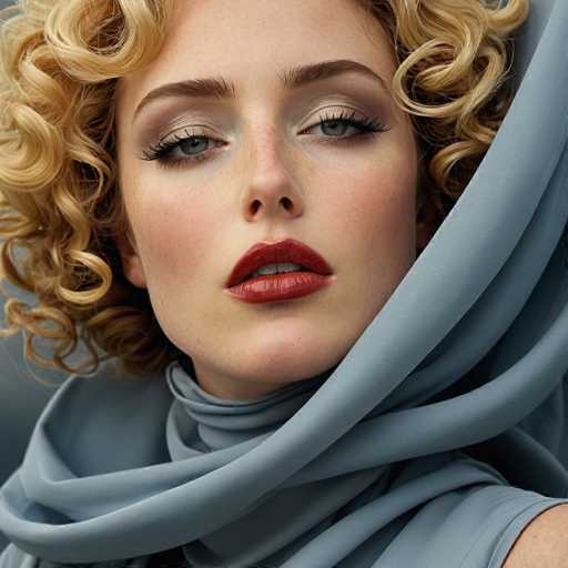 A woman with blonde hair wearing a blue scarf is the main subject of this image. She has her eyes closed and mouth slightly open, giving off an air of serenity or contemplation. The background is blurred, drawing focus to the woman in the foreground.