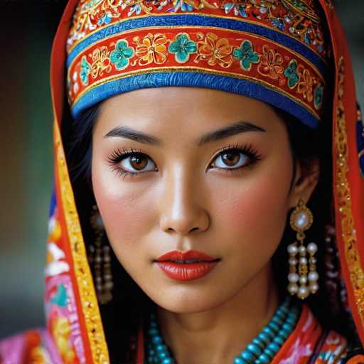 The image shows a woman with long dark hair wearing traditional clothing and jewelry. She is looking directly at the camera with an expression of curiosity or interest. The background appears to be blurred, but it can be inferred that she is in a public place such as a market or a street.