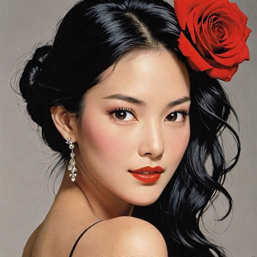 The image shows a woman with long dark hair wearing a black dress and a red rose pinned to her hair. The background is a plain gray color.