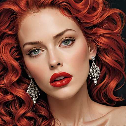 A woman with red hair wearing large earrings and a statement lipstick is the main subject of this image. The background is black, which contrasts with her vibrant red hair and makes it stand out.