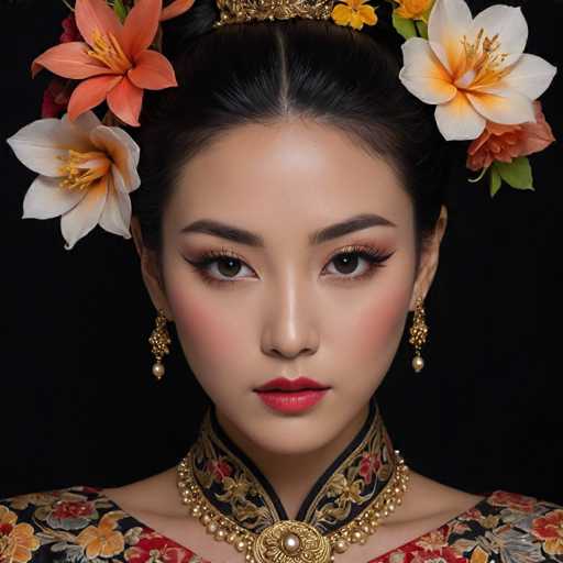 The image shows a close-up portrait of a woman with black hair styled into an intricate updo adorned with flowers. She is wearing a gold necklace and earrings that complement her overall look. The background is black, which contrasts with the vibrant colors of the flowers on her head.