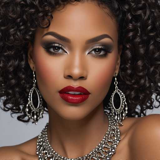 The image shows a close-up portrait of a woman with dark hair styled in curls and wearing a silver necklace featuring large beads. The woman is looking directly at the camera with an expression of surprise or curiosity on her face.