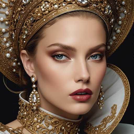 The image shows a woman wearing a gold and white headpiece with intricate designs on the sides. She is also wearing large earrings that are made of pearls. The background is black, which contrasts with her attire and makes her stand out.