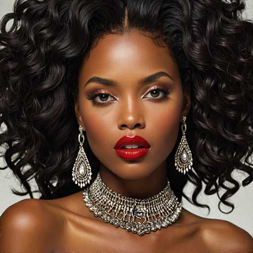 The image shows a close-up portrait of a woman with long dark hair styled in loose curls and wearing a silver necklace featuring large pearls around her neck. The background is blurred, drawing attention to the subject's face and emphasizing their features.